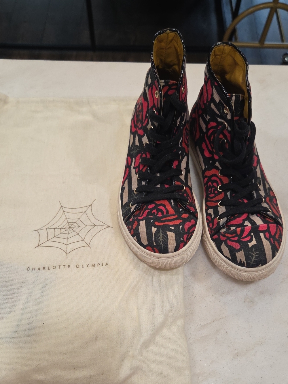 Charlotte Olympia Canvas High-Top Sneakers with Red Rose Print